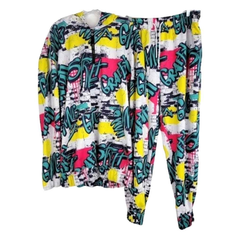 G Net Mens Graphic Hoodie Pants Set Size 3XL Graffiti Skater Baggy 80s Art Deco